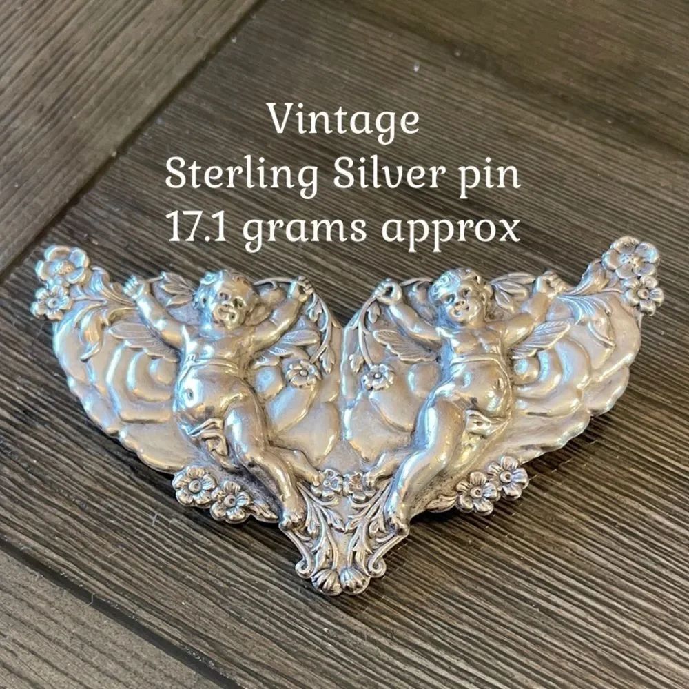 Sterling Silver Art Nouveau Cherub Brooch Double Cupids Angels Repousse Style